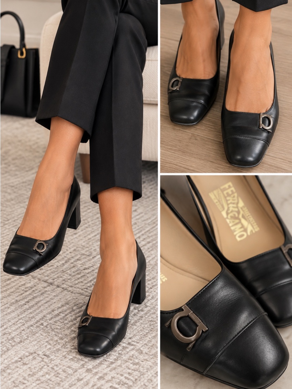 Salvatore Ferragamo Black Leather Pointed Kitten Heel Pumps with Silver Logo